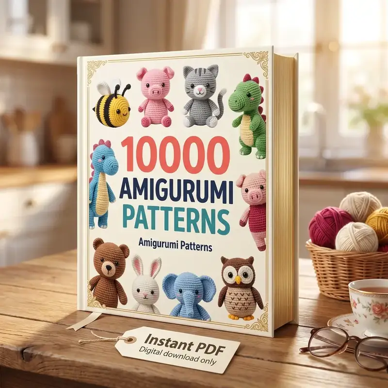 10000 Amigurumi Patterns hardcover library on a kitchen table